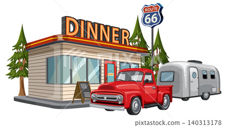 Classic Diner With Red Pickup Truck and Trailer on Route 66 Classic Diner With Red Pickup Truck and Trailer on Route 66 140313178