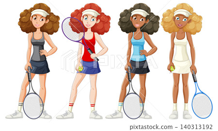 Female Tennis Players in Colorful Outfits Holding Rackets 140313192