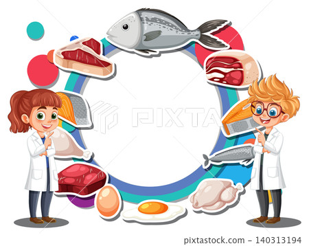 Scientists Presenting Protein-Rich Foods in Circular Infographic 140313194