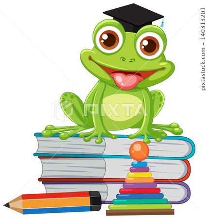 Cartoon Frog Wearing Graduation Cap Sitting on Stack of School Books Cartoon Frog Wearing Graduation Cap Sitting on Stack of School Books 140313201