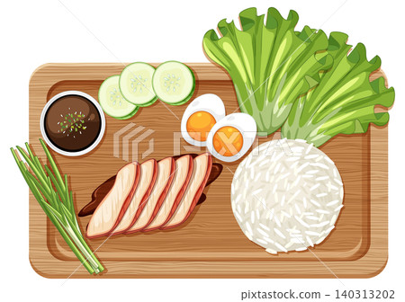 Chicken Rice Platter with Eggs and Fresh Vegetables Illustration Chicken Rice Platter with Eggs and Fresh Vegetables Illustration 140313202