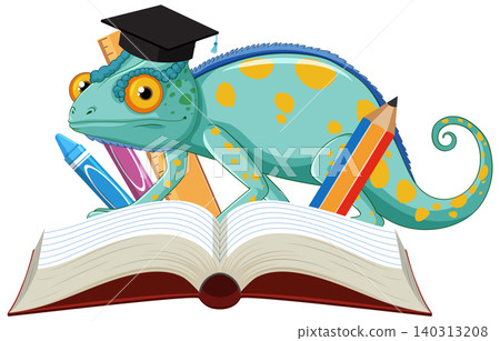 Cartoon Chameleon Wearing Graduation Cap with School Supplies and Open Book 140313208
