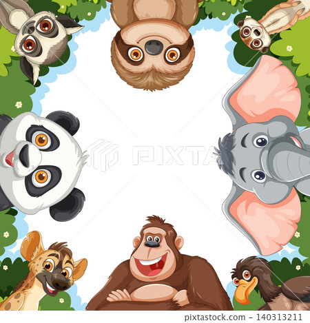 Cartoon Jungle Animals Forming a Circular Border Frame Cartoon Jungle Animals Forming a Circular Border Frame 140313211