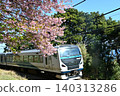 Spring scenery of Kawazu cherry blossoms and express trains 140313286