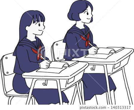 一幅插圖(兩種顏色,簡潔),描繪了兩個國中女生努力準備高中入學考試並參加補習班的情景。 一幅插圖(兩種顏色,簡潔),描繪了兩個國中女生努力準備高中入學考試並參加補習班的情景。 140313317