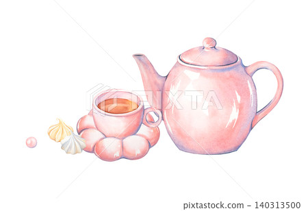 A tea set made of soft pink ceramic and porcelain, painted with watercolors. The teapot, mug, cup, and breakfast meringue are hand-painted. An isolated composition in pastel tones in a coquette style. 140313500
