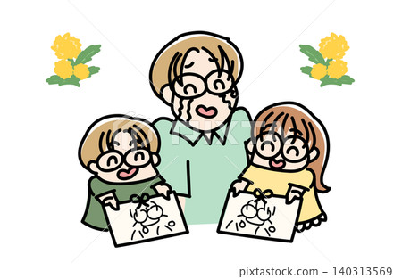Illustration of a father snuggling with his children on Father's Day | Family bonds, mimosa, happiness imagery Illustration of a father snuggling with his children on Father's Day | Family bonds, mimosa, happiness imagery 140313569