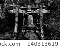 The torii gate of the shrine within the temple grounds, bathed in dappled sunlight. 140313619