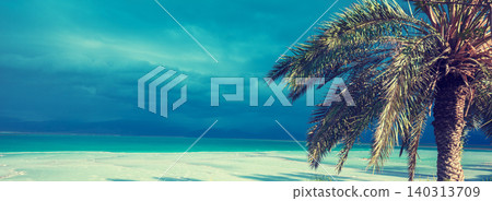 Tropical landscape with dramatic sky. Dead Sea shore. Palm trees on the beach. Ein Bokek, Israel Tropical landscape with dramatic sky. Dead Sea shore. Palm trees on the beach. Ein Bokek, Israel 140313709