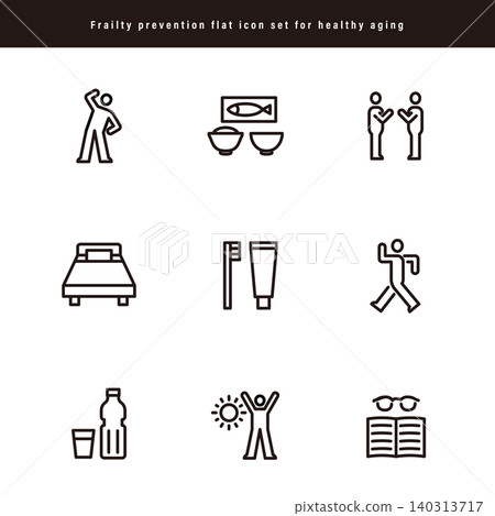 A set of icons for healthy habits that support frailty prevention and healthy life expectancy. 140313717