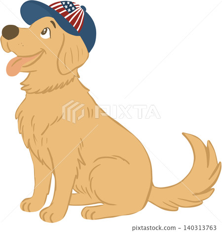 Adorable golden retriever wearing a patriotic American flag cap, celebrating Independence Day. Adorable golden retriever wearing a patriotic American flag cap, celebrating Independence Day. 140313763