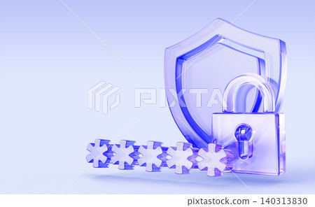 Network security key 3d web banner. Glass holographic shield, lock and password asterisks on light blue background. Privacy, digital data protection, computer or phone access safety. 3D illustration Network security key 3d web banner. Glass holographic shield, lock and password asterisks on light blue background. Privacy, digital data protection, computer or phone access safety. 3D illustration 140313830