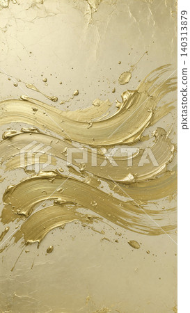 A modern Japanese design featuring a matte gold leaf background with dynamic, shimmering golden S-shaped brushstrokes. 140313879
