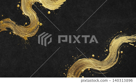 日式背景,以動感的斜向金色筆觸和閃亮的潑墨點綴在漆黑的和紙上。 日式背景,以動感的斜向金色筆觸和閃亮的潑墨點綴在漆黑的和紙上。 140313896