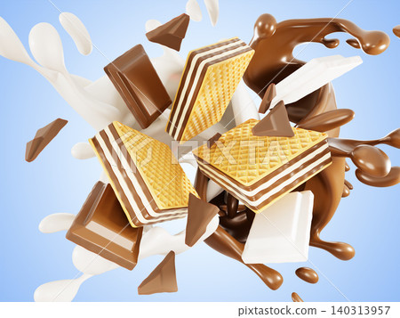 Crispy wafer cookies with milk splash swirl, chocolate bar explosion on blue background. Flying waffles with vanilla cream and dark square pieces of broken choco. Sweet snack, dessert. 3D illustration 140313957