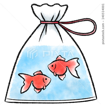 一幅水彩風格的插圖,描繪了兩個裝在塑膠袋裡的紅色金魚,這個塑膠袋是用來撈金魚的。 一幅水彩風格的插圖,描繪了兩個裝在塑膠袋裡的紅色金魚,這個塑膠袋是用來撈金魚的。 140314001