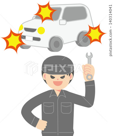 A man in work clothes holding a wrench in front of a car; he's a mechanic. 140314041