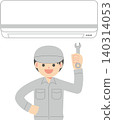 A man in work clothes installing and inspecting an air conditioner. 140314053