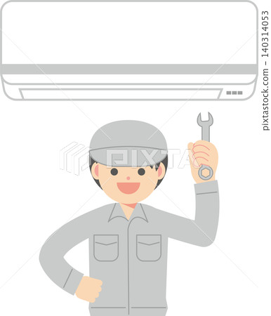A man in work clothes installing and inspecting an air conditioner. A man in work clothes installing and inspecting an air conditioner. 140314053