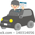 A man in work clothes, showing his employee ID, gets into a car. 140314056