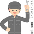 A bad guy in work clothes holding a wrench 140314058