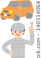 A man in work clothes holding a wrench in front of a car; he is a mechanic. 140314064