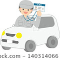 A man in work clothes gets into a car while showing his employee ID. 140314066