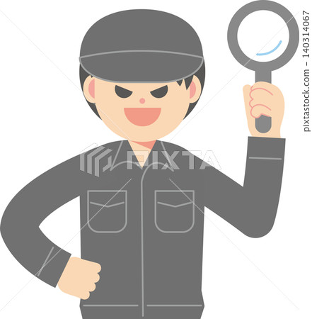 一名手持放大鏡的男性工人涉嫌詐欺和犯罪。 一名手持放大鏡的男性工人涉嫌詐欺和犯罪。 140314067