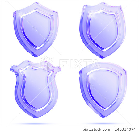 3D glass protect shield collection with holographic gradient. Heraldic badges, clean and shiny protective emblems, security guard symbols. Various medieval forms, defense armor icons. 3D illustration 140314074