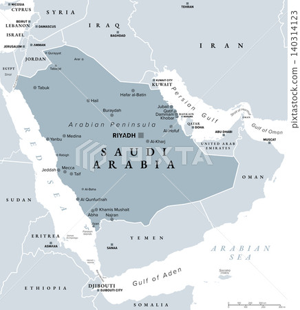 Saudi Arabia, gray political map with capital Riyadh and largest cities. Arab country in West Asia, in the centre of the Middle East, covering the bulk of the Arabian Peninsula. Illustration. Vector Saudi Arabia, gray political map with capital Riyadh and largest cities. Arab country in West Asia, in the centre of the Middle East, covering the bulk of the Arabian Peninsula. Illustration. Vector 140314123
