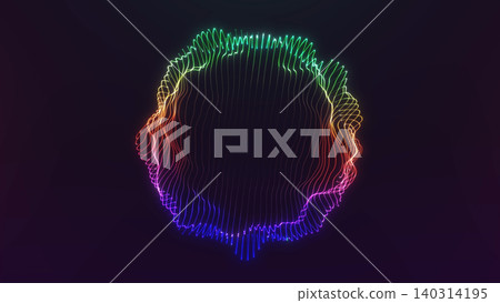 Multicolor audio wave orb illustration with glowing spectrum lines, music visualizer energy, digital sound design, neon rhythm on dark background art. 140314195