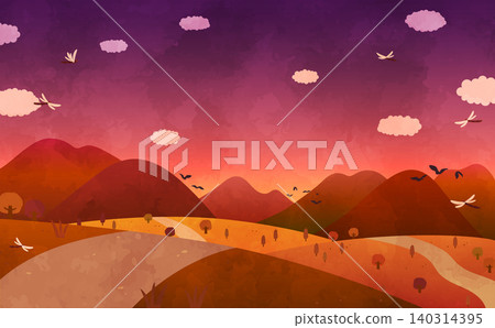 秋日黃昏時分寧靜的鄉村風景插圖(橫幅) 秋日黃昏時分寧靜的鄉村風景插圖(橫幅) 140314395