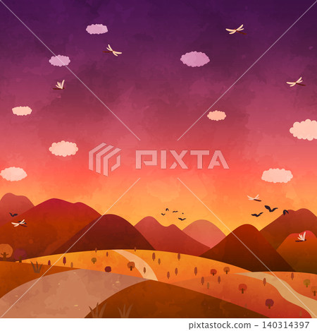 秋日黃昏時分寧靜的鄉村風景插畫(方形) 秋日黃昏時分寧靜的鄉村風景插畫(方形) 140314397
