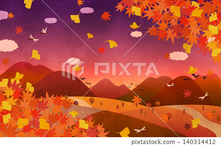 Illustration 2 of an autumn landscape with colorful leaves and ginkgo trees at dusk (horizontal view) Illustration 2 of an autumn landscape with colorful leaves and ginkgo trees at dusk (horizontal view) 140314412