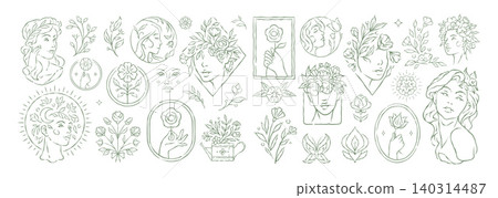 A Whimsical Vector Illustration Banner Set Of Mystic Floral Woman Icons A Whimsical Vector Illustration Banner Set Of Mystic Floral Woman Icons 140314487