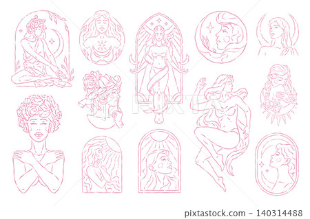 A Whimsical Vector Illustration Set Of Mystic Goddess And Celestial Woman Icons 140314488