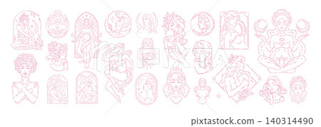 A Whimsical Vector Illustration Banner Set Of Mystic Goddess And Celestial Woman Icons A Whimsical Vector Illustration Banner Set Of Mystic Goddess And Celestial Woman Icons 140314490