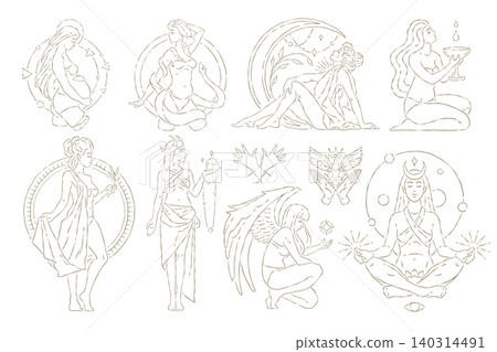 A Golden Whimsical Vector Illustration Set Of Mystic And Celestial Woman Icons A Golden Whimsical Vector Illustration Set Of Mystic And Celestial Woman Icons 140314491
