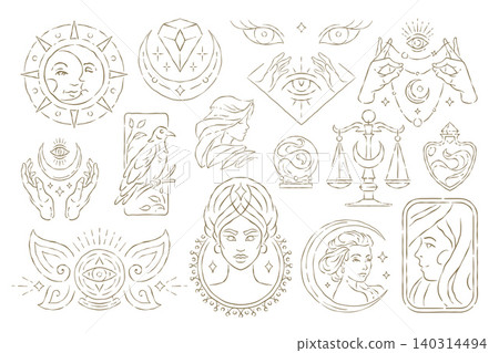 A Golden Whimsical Vector Illustration Set Of Esoteric And Magic Icons A Golden Whimsical Vector Illustration Set Of Esoteric And Magic Icons 140314494