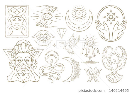A Golden Whimsical Vector Illustration Set Of Celestial Magic And Esoteric Icons A Golden Whimsical Vector Illustration Set Of Celestial Magic And Esoteric Icons 140314495