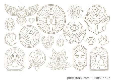 A Golden Whimsical Vector Illustration Set Of Mystic And Celestial Icons A Golden Whimsical Vector Illustration Set Of Mystic And Celestial Icons 140314496