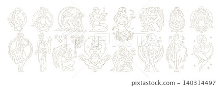 A Golden Whimsical Vector Illustration Set Of Divine Feminine And Celestial Goddesses A Golden Whimsical Vector Illustration Set Of Divine Feminine And Celestial Goddesses 140314497