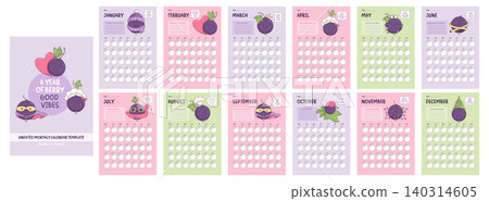 Ultimate Undated Monthly Calendar Bundle. 12-Month Perpetual Planner with Cute Kawaii Blackcurrant Mascots, Universal Printable Stationery Set. Isolated Vertical Pages and Cover. Vector Illustration Ultimate Undated Monthly Calendar Bundle. 12-Month Perpetual Planner with Cute Kawaii Blackcurrant Mascots, Universal Printable Stationery Set. Isolated Vertical Pages and Cover. Vector Illustration 140314605