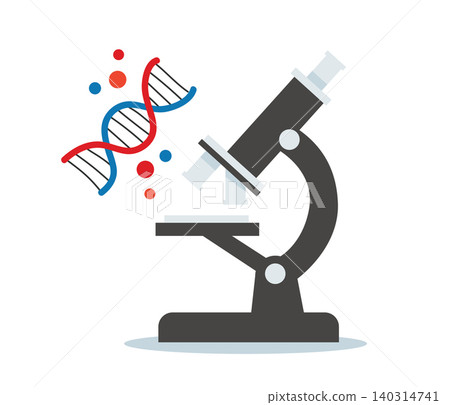 Microscope with DNA Double Helix in Genetics Research Laboratory Microscope with DNA Double Helix in Genetics Research Laboratory 140314741