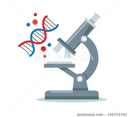 Microscope with DNA Double Helix in Genetics Research Laboratory Microscope with DNA Double Helix in Genetics Research Laboratory 140314742