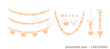 Watercolor Christmas collection with gold garlands, pearl beads and hanging star ornaments. Festive isolated illustration set Watercolor Christmas collection with gold garlands, pearl beads and hanging star ornaments. Festive isolated illustration set 140314849