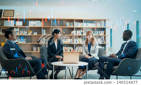 Group of multinational business people discussing business in lobby with financial technology Group of multinational business people discussing business in lobby with financial technology 140314877
