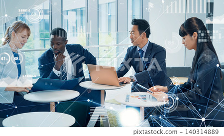 Group of multinational business people meeting with statistical data Group of multinational business people meeting with statistical data 140314889