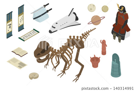 Isometric illustrations: Exhibits from history and science museums Isometric illustrations: Exhibits from history and science museums 140314991