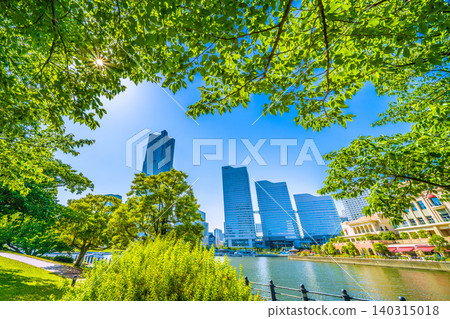 Yokohama cityscape, Japan: Yokohama Landmark Tower and cherry blossoms along the Kishamichi promenade, beautifully framed by the fresh greenery...Sakuragicho Station is in the background on the left. Yokohama cityscape, Japan: Yokohama Landmark Tower and cherry blossoms along the Kishamichi promenade, beautifully framed by the fresh greenery...Sakuragicho Station is in the background on the left. 140315018